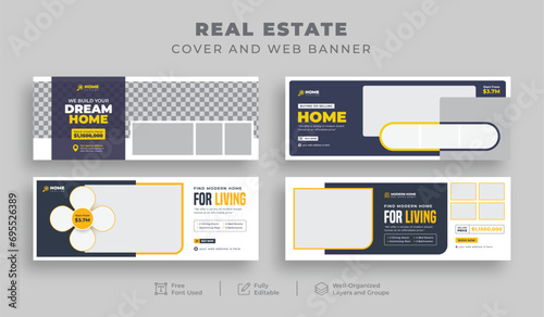 Real estate home sale or Construction renovation handyman Facebook cover pack for Realtor House rent repair, Editable Web banner for Interior Furniture Office sale, Social media cover bundle template
