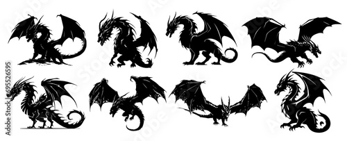 Set of dragon silhouettes on a transparent background