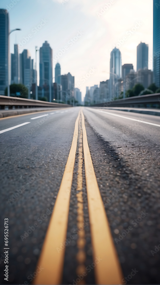 Asphalt road with yellow line and city skyline background, business and transportation concept.