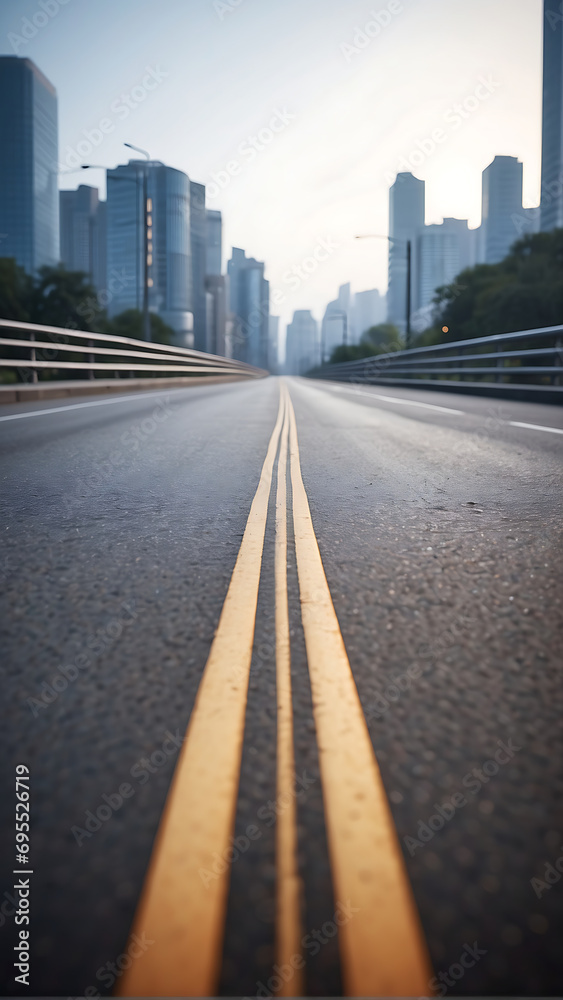 Asphalt road with yellow line and city skyline background, business and transportation concept.