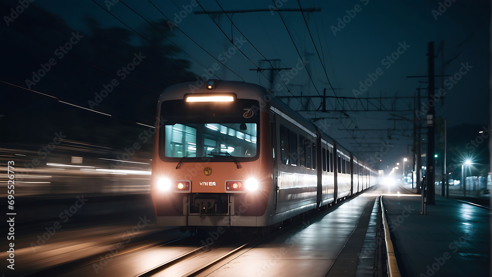 Modern high speed train on the railway at night. Motion blur effect. Long exposure shot.