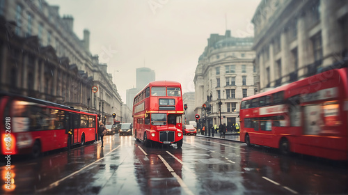 Red double decker bus on a rainy day in London, UK photo