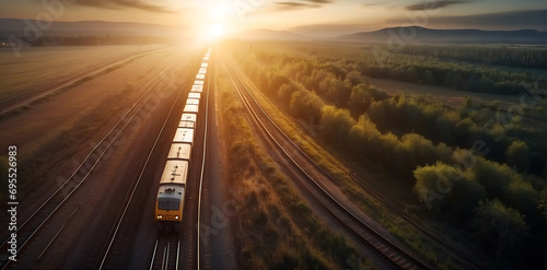 Aerial view of a freight train passing through the forest at sunset. photo