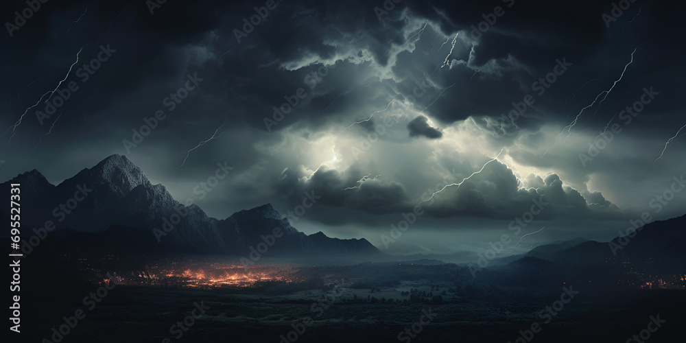 Dark stormy sky with lightning and clouds and mountains with cloudy background
 - obrazy, fototapety, plakaty 