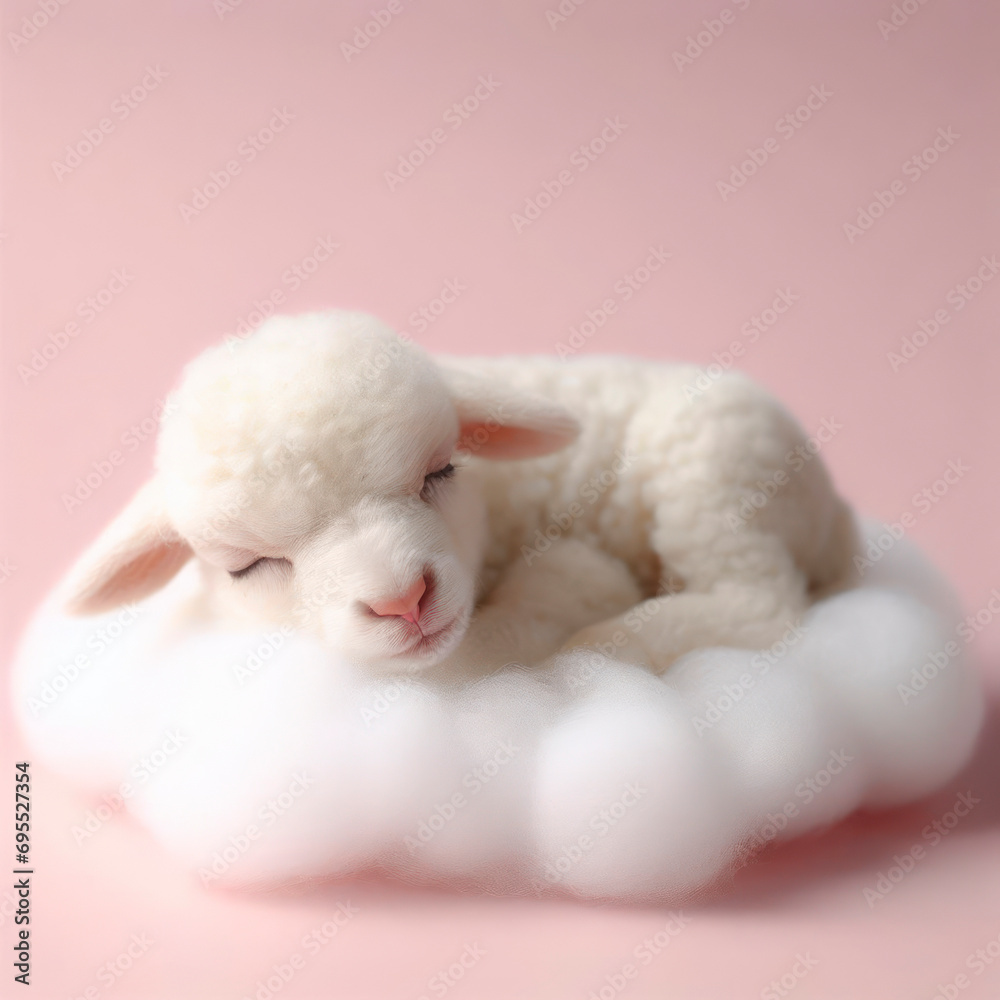 A cute little baby sheep sleeps on a cloud. ai generative A cute little baby sheep sleeps on a cloud. ai generative