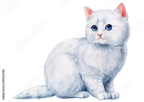 White Cat hand drawn in watercolor, kitten isolated on white background. Domestic animal, cute pet illustration, poster
