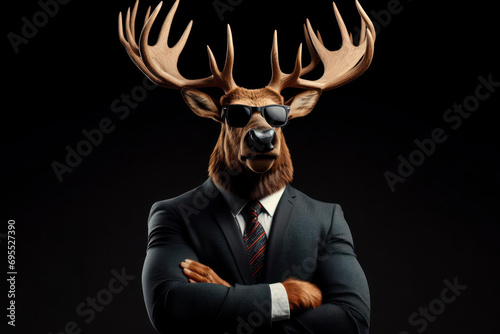 An Anthropomorphic Elk Dressed up as a Cool Business Man in a Suit on solid black background. ai generative