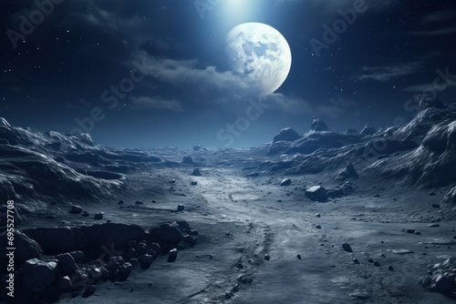  an alien landscape with a full moon in the sky and a path leading to the moon in the middle of the sky, with rocks and snow on the ground. © Nadia