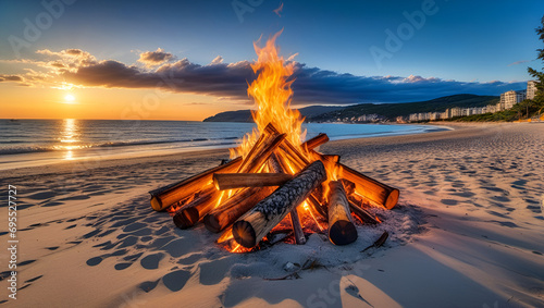 fire in the desert, A beach bonfire dwindling down to its last embers, A fire pit on a beach with the sunset in the background, Fire in Arid Wilderness   Generative AI photo