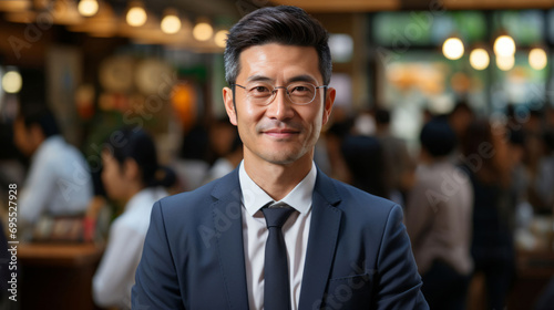 Portrait of successful mature boss, senior businessman in glasses and business suit looking at camera and smiling, man with crossed arms working inside modern office building. 