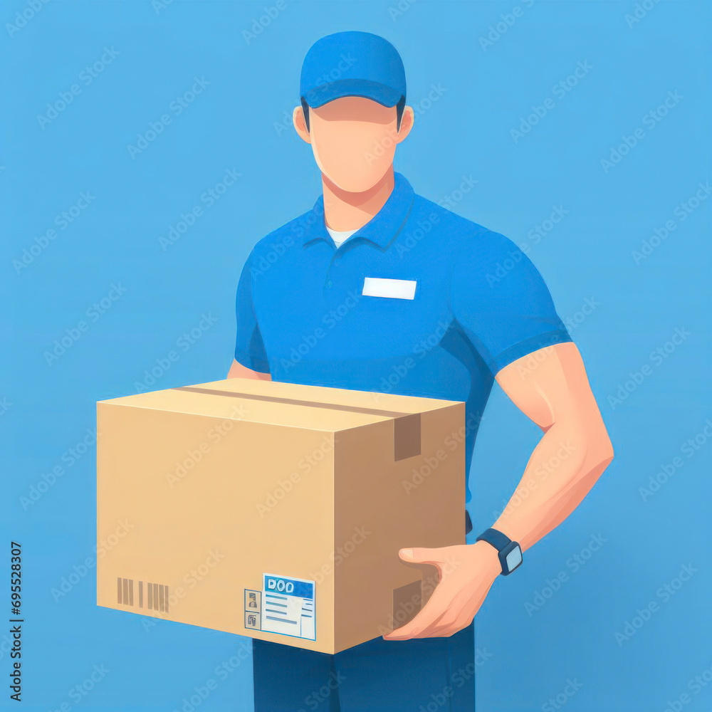Delivery man holding a box on color blue background. ai generative Delivery man holding a box on color blue background. ai generative