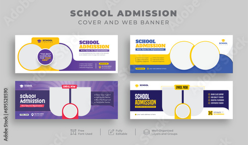 School admission Facebook cover and web banner bundle, kids' online education social media posts, or back-to-school banners