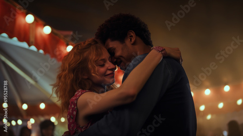 A couple lost in the moment during a slow dance at the carnival.