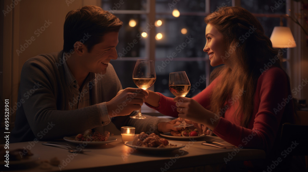 A couple making a toast during a Valentines Day dinner.
