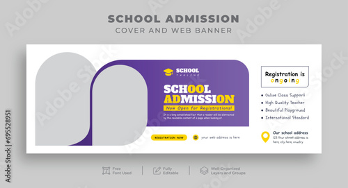 Facebook cover and web banner for school admissions, kids' online education social media posts, or back-to-school banners