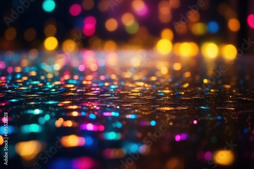 Multicolor bokeh, raining light, blurry lights, blurry background, rainbow confettis on a black background, colorful, night lights, city lights, haze, depth of field, round bokeh, circle bokeh