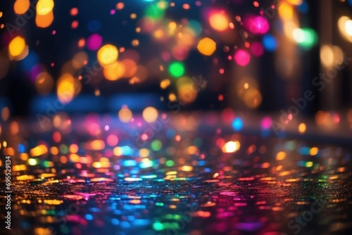 Multicolor bokeh, raining light, blurry lights, blurry background, rainbow confettis on a black background, colorful, night lights, city lights, haze, depth of field, round bokeh, circle bokeh
