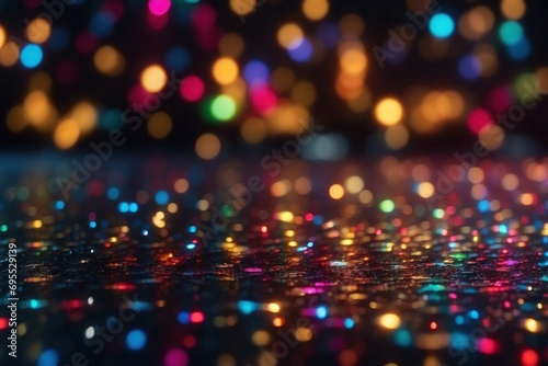 Multicolor bokeh, raining light, blurry lights, blurry background, rainbow confettis on a black background, colorful, night lights, city lights, haze, depth of field, round bokeh, circle bokeh