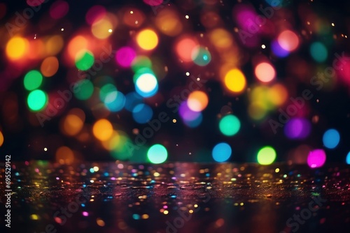 Multicolor bokeh, raining light, blurry lights, blurry background, rainbow confettis on a black background, colorful, night lights, city lights, haze, depth of field, round bokeh, circle bokeh