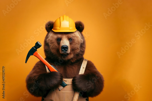 Photo of a Bear in a builder helmet with a jackhammer on solid color background. ai generative photo