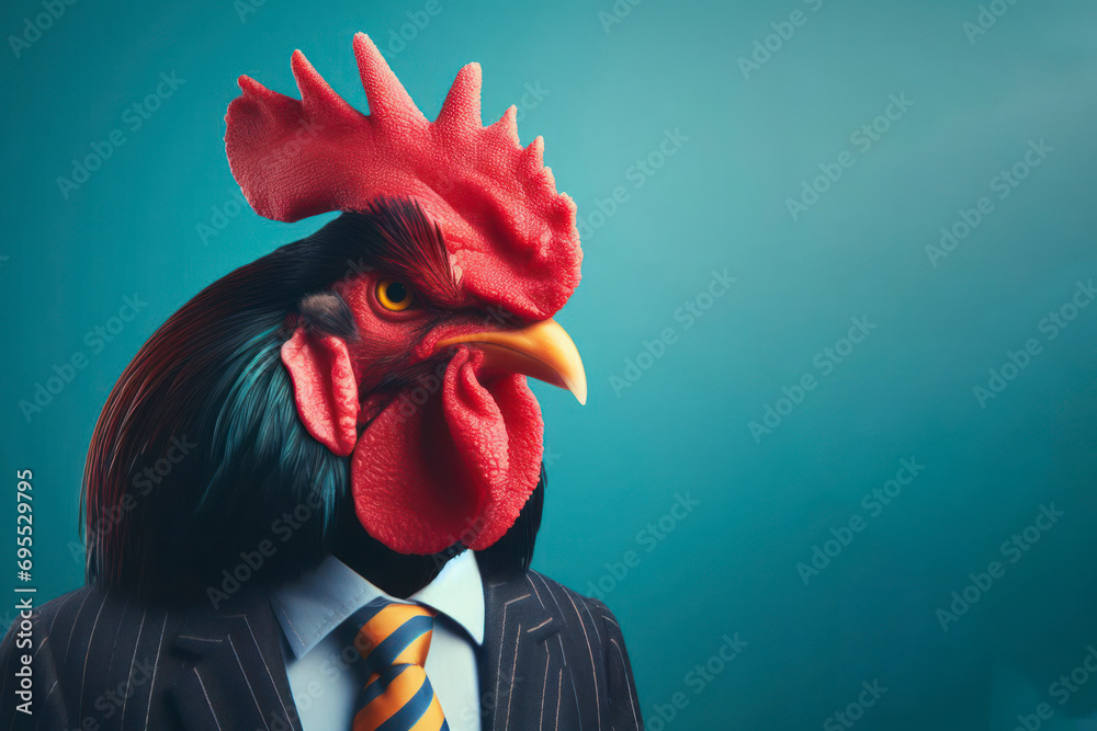 Portrait of a angry Rooster wear business suit isolated on color bright background. ai generative - obrazy, fototapety, plakaty 