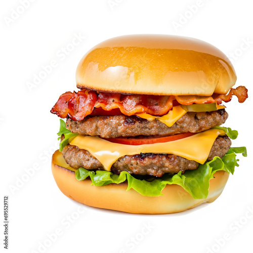 Double Cheeseburger with Lettuce Tomato Bacon and Pickles Isolated on White Background