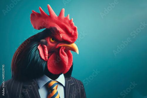 Fotografia Portrait of a angry Rooster wear business suit isolated on color bright background