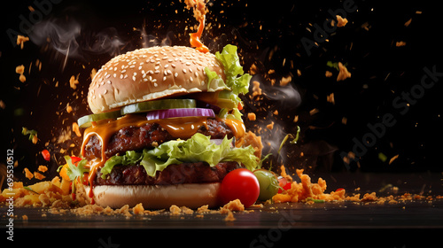 Fresh crispy fried chicken burger sandwich with flying ingredients and spices hot ready to serve and eat food commercial advertisement menu banner with copy space area - Generated by Generative AI 