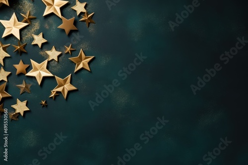  a group of gold stars on a dark green background with space for a text or a picture to put on a card or a brochure or brochure or brochure. photo