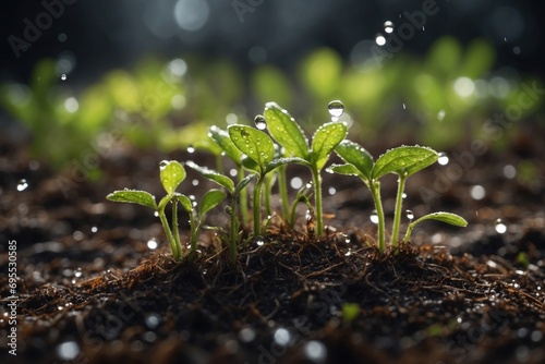 Young plants growing up on ground with raining drops. ai generative