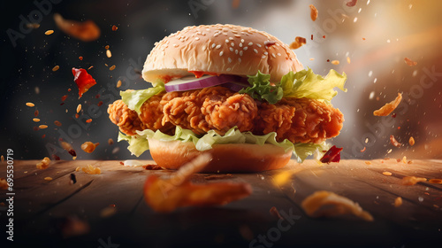 Fresh crispy fried chicken burger sandwich with flying ingredients and spices hot ready to serve and eat food commercial advertisement menu banner with copy space area - Generated by Generative AI	
