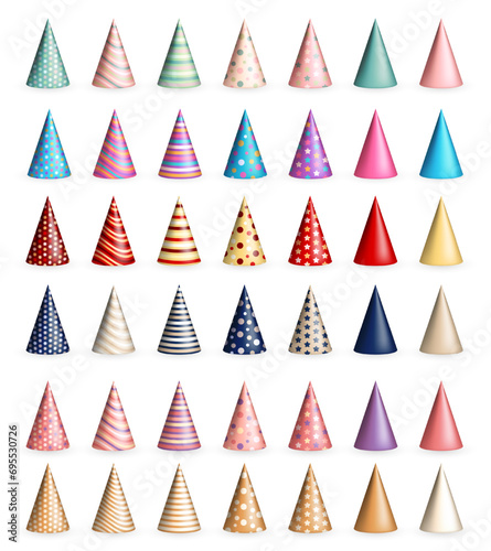 Big set of 42 realistic colorful 3d birthday hats or party paper caps in cone shape. Blue, red, pink, green, purple, golden party hats with multicolored various pattern for celebration, anniversary