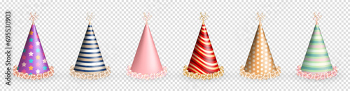 Set of three dimensional realistic colorful birthday hats or party paper caps in cone shape with ribbons and bows. Party hats with multicolored various pattern for celebration event, anniversary