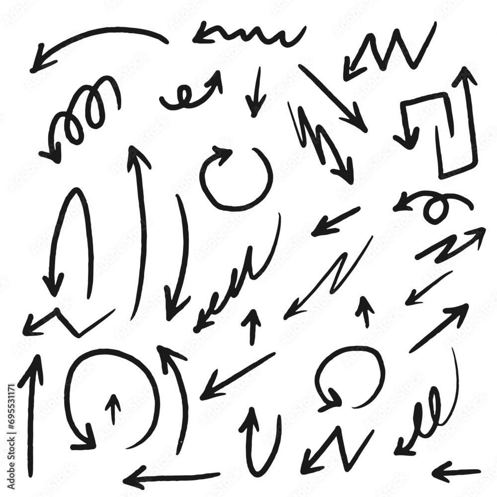 Hand drawn arrow vector icons set. Sketch arrow design for business, education, notes. Vector illustration Hand drawn arrow vector icons set. Sketch arrow design for business, education, notes. Vector illustration