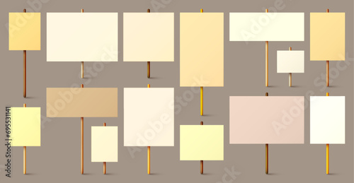 Blank colorful protest sign with wooden holder. Realistic vector demonstration banner. Strike action cardboard placard mockup