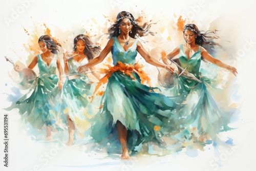 Hula dancing hawaiiana dancers, watercolor.