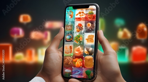Digital composite of Hand holding phone with food on screen against blurry background