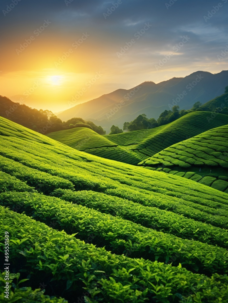 Sunrise over a verdant tea farm, natural landscape. - obrazy, fototapety, plakaty 