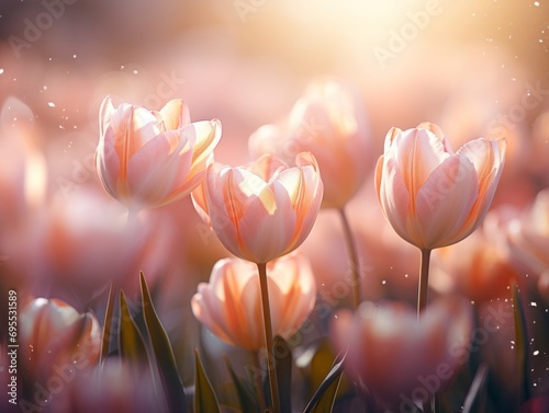 blurry field with pink tulips. Romantic spring or Valentine concept. Generative AI #695531589