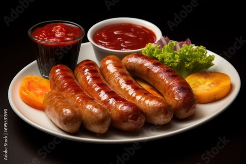  a plate of sausages, tomatoes, lettuce, ketchup, and ketchup on a white plate with a side of ketchup.
