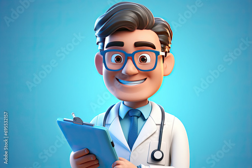 Caucasian male doctor wearing glasses and holds a blue clipboard. Medical clip art isolated on blue background. Health insurance concept. Professional therapist, hospital assistant. 3d render photo
