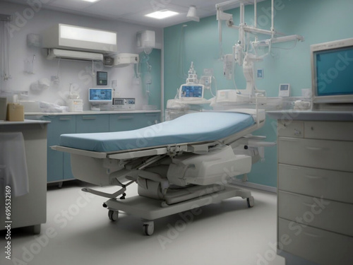 Interior of a hospital room with a patient bed and medical equipment