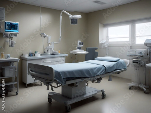 Interior of a hospital room with an operating room and a bed