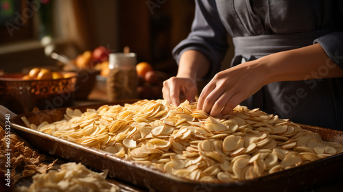 A baker's hands meticulously preparing an apple pie, rolling out dough, arranging apple slices, and expertly crimping the edges