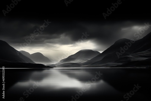  a black and white photo of a mountain range with a body of water in the foreground and a dark sky in the background  with dark clouds in the foreground.