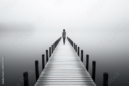  a person standing on a pier in the middle of a body of water with poles in the foreground and a foggy sky in the background, with a person standing on the end of the end.