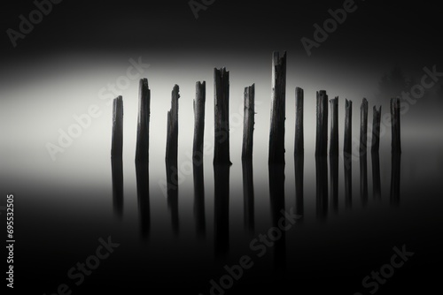  a black and white photo of a row of wooden posts in the water on a foggy day with a black and white photo of a row of wooden posts in the water.