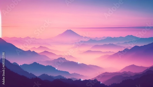 Gradient color background image with a peaceful mountain dawn theme