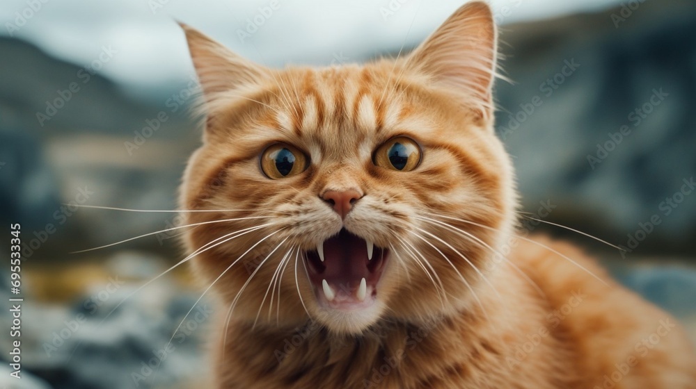 Closeup of angry ginger cat meowing , looking at camera .