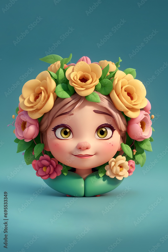 cute girl character designed with round flowers and fruits frame cute girl character designed with round flowers and fruits frame